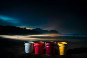 tre benne sedersi su il spiaggia a notte. ai-generato foto
