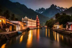 un' fiume nel davanti di un' montagna con case e un' Chiesa. ai-generato foto