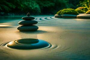 un' zen giardino nel il mezzo di un' fiume. ai-generato foto