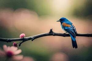 un' blu uccello si siede su un' ramo con rosa fiori. ai-generato foto