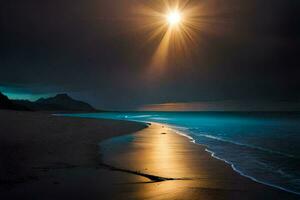 un' spiaggia sotto un' buio cielo con un' luminosa sole splendente. ai-generato foto