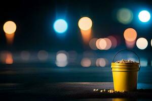 un' secchio di Popcorn su il strada a notte. ai-generato foto