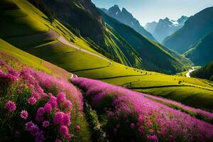 il bellissimo paesaggio di il Alpi con rosa fiori. ai-generato foto