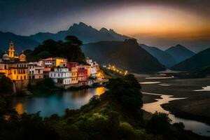 un' villaggio si siede su il bordo di un' fiume a tramonto. ai-generato foto