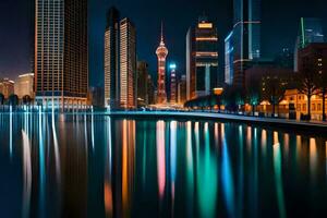 il città luci riflettere via il acqua nel shanghai. ai-generato foto