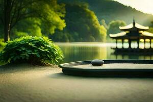 un' zen giardino nel il mezzo di un' lago. ai-generato foto