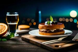 un' hamburger e birra su un' tavolo con un' città Visualizza. ai-generato foto