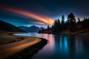 un' lungo esposizione fotografia di un' fiume e montagne a tramonto. ai-generato foto