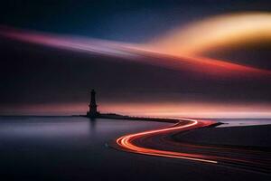 un' lungo esposizione fotografia di un' faro e un' auto guida lungo il strada. ai-generato foto