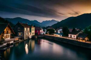 un' fiume corre attraverso un' cittadina a tramonto. ai-generato foto