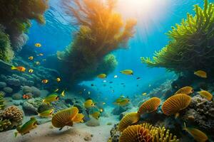 un subacqueo scena con corallo barriere e pesce. ai-generato foto