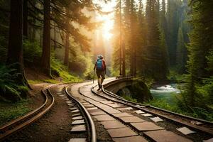 un' persona a piedi su un' treno traccia nel il foresta. ai-generato foto