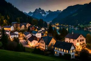 foto sfondo il cielo, montagne, lago, Casa, montagne, Casa, il città, il. ai-generato