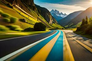 un' strada nel il montagne con un' blu e giallo linea. ai-generato foto