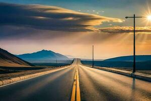 un' lungo vuoto strada con un' sole splendente al di sopra di esso. ai-generato foto