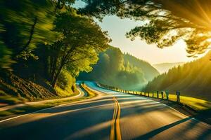 un' strada nel il montagne con il sole splendente. ai-generato foto