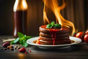 un' pila di Pancakes con salsa e pomodori. ai-generato foto