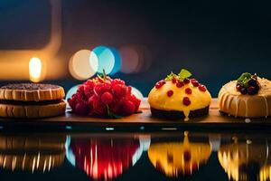 quattro diverso tipi di dolci su un' di legno vassoio. ai-generato foto