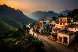 foto sfondo il cielo, montagne, strada, villaggio, tramonto, India. ai-generato