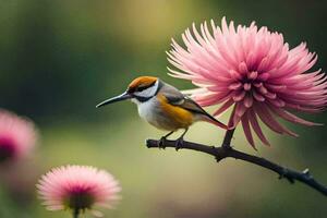 un' uccello si siede su un' ramo con rosa fiori. ai-generato foto