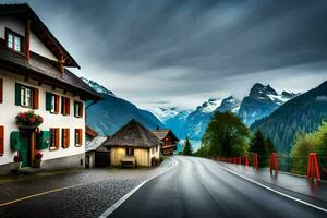 un' strada nel il montagne con un' Casa e montagne nel il sfondo. ai-generato foto