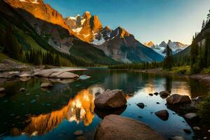 il montagne siamo riflessa nel il acqua a tramonto. ai-generato foto