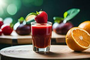 un' bicchiere di succo con fragole e arance. ai-generato foto