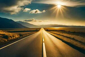 un' lungo vuoto strada con il sole splendente al di sopra di esso. ai-generato foto