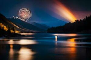 fuochi d'artificio al di sopra di un' lago con montagne nel il sfondo. ai-generato foto