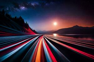 un' lungo esposizione fotografia di un' treno andando attraverso il notte cielo. ai-generato foto