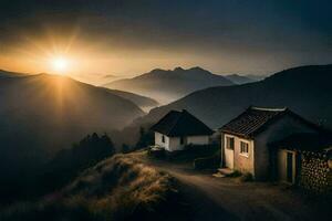 il sole sorge al di sopra di un' montagna villaggio. ai-generato foto