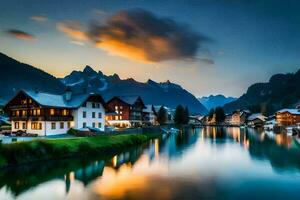 foto sfondo il cielo, montagne, lago, Casa, il Alpi, Svizzera, il. ai-generato