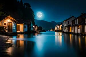 foto sfondo il Luna, acqua, case, lago, il Luna, notte, lago, il. ai-generato