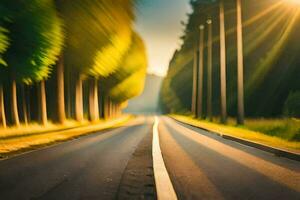 un' sfocato Immagine di un' strada con alberi nel il sfondo. ai-generato foto