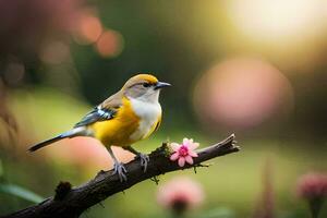 un' piccolo uccello è arroccato su un' ramo con rosa fiori. ai-generato foto