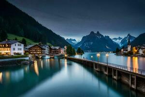 un' ponte al di sopra di un' fiume e montagne a notte. ai-generato foto