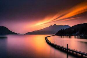 un' lungo molo con un' lago e montagne nel il sfondo. ai-generato foto