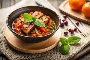 un' ciotola di cibo con verdure e carne. ai-generato foto