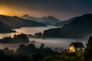 un' piccolo Casa si siede su un' collina prospiciente un' lago e montagne. ai-generato foto