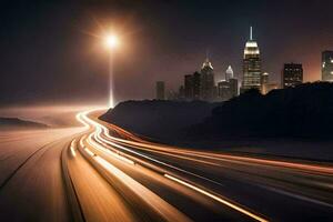 un' lungo esposizione fotografia di un' città orizzonte a notte. ai-generato foto