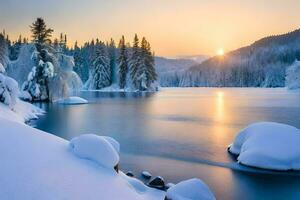 un' bellissimo inverno scena con neve coperto alberi e un' lago. ai-generato foto