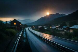un' treno brani nel il montagne a notte. ai-generato foto