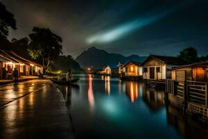 foto sfondo il cielo, notte, il Luna, il montagne, il fiume, il Barche,. ai-generato