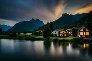 foto sfondo il cielo, montagne, lago, Casa, il montagne, il lago, il montagne. ai-generato