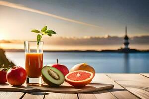 succo e frutta su un' tavolo con un' tramonto nel il sfondo. ai-generato foto