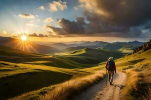 un' uomo passeggiate su un' sentiero nel il montagne. ai-generato foto