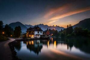 foto sfondo il cielo, lago, montagne, Casa, tramonto, il Casa, lago, il. ai-generato