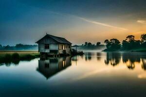 un' piccolo Casa si siede su il bordo di un' lago a Alba. ai-generato foto