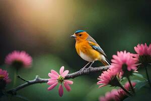 un' piccolo uccello è arroccato su un' ramo con rosa fiori. ai-generato foto