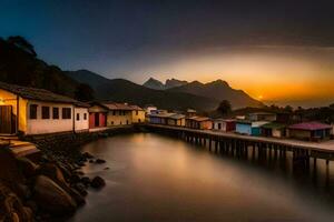 un' tramonto al di sopra di un' piccolo villaggio di il acqua. ai-generato foto